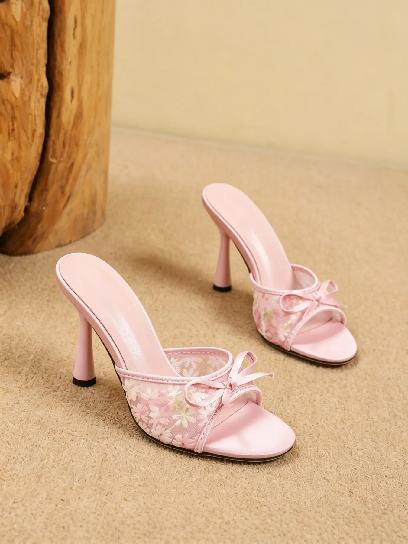 Elegant Ditsy Floral High Heels, Open Toe Bow Sandals, Textile Upper Rubber Sole, Perfect for Tea Parties & Semi-Formal Events, Bowknot Heels, Exquisite Heels