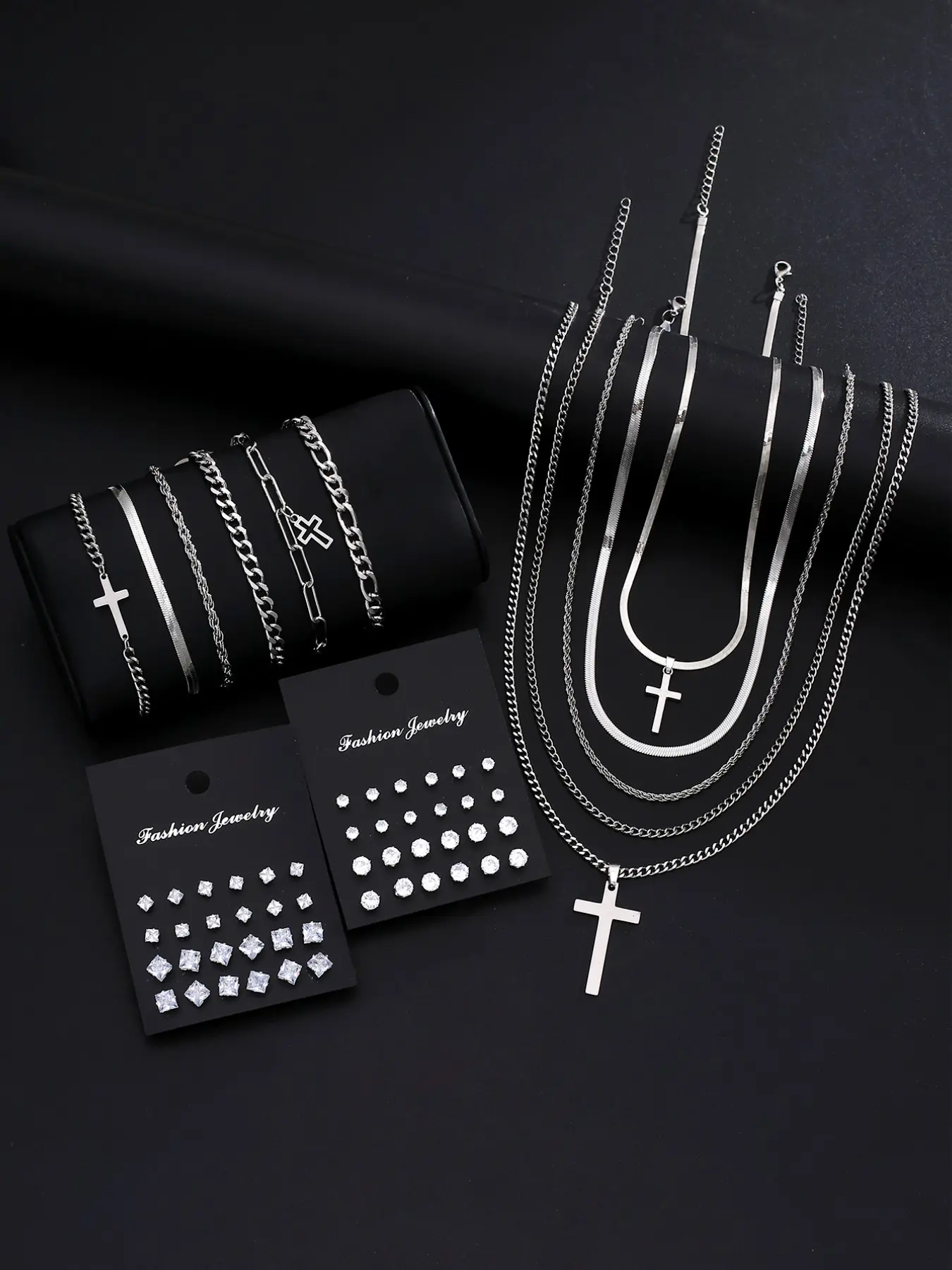 59pcs Men's Jewelry Set, Cross Zircon Earrings, Necklace, Bracelet, Casual Stainless Steel, All Seasons, Gift for Boyfriend, Dad