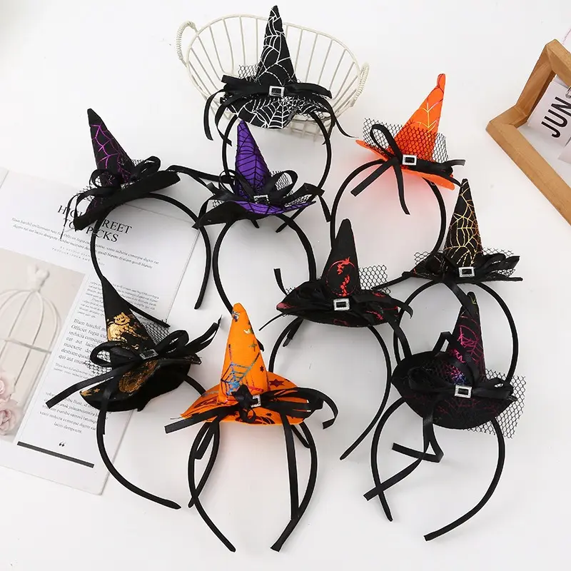 5 Pack Mini Witch Hat Headbands, Assorted Spider Web Pattern Wizard Hair Hoops with Bow & Tulle, Women Girls Halloween Cosplay Party Hair Accessories Set