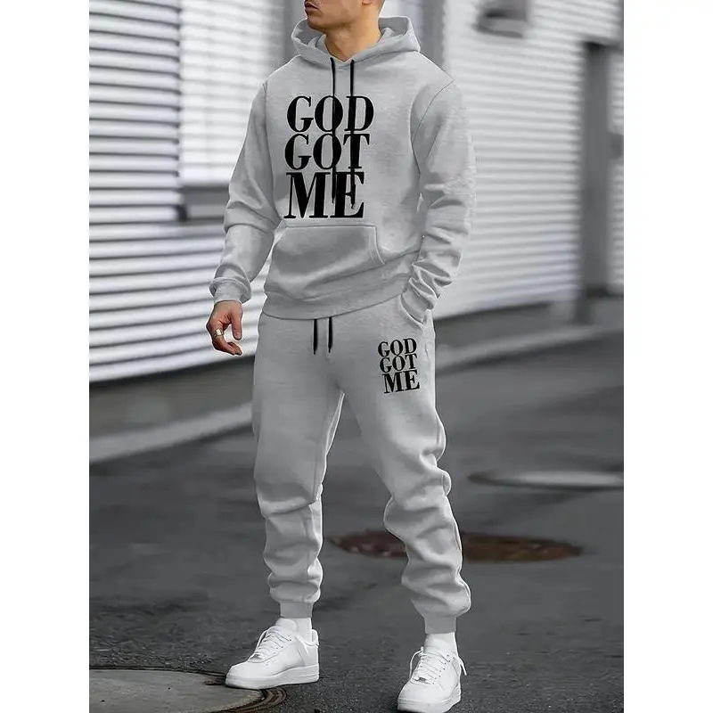 Casual hoodie and sweatpants set - fleece lining, long sleeves, printed design |   machine washable