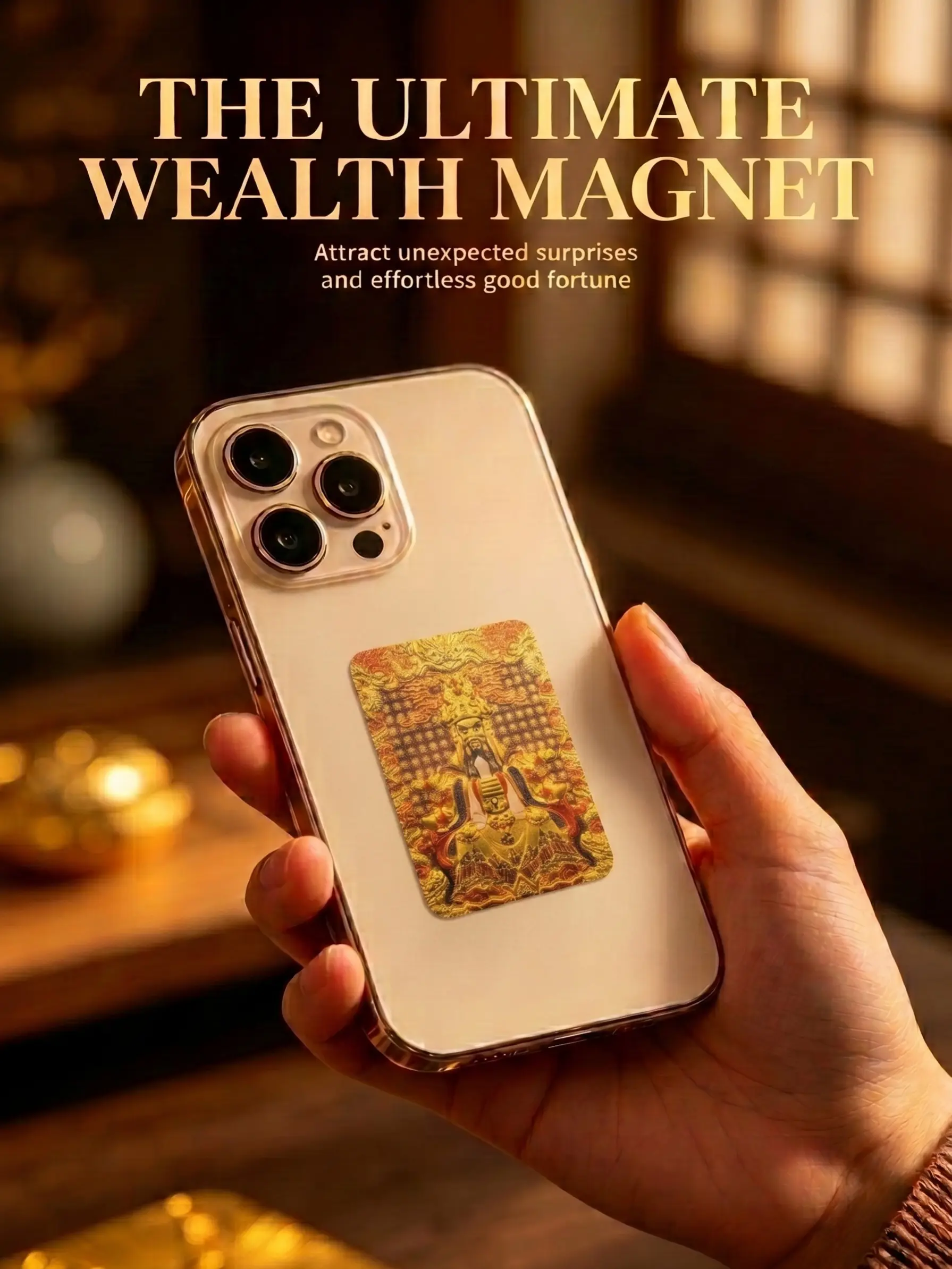 Money Attraction God of Wealth Sticker, Thangka Style Gold Foil Sticker,Phone,Wallet,Computer,table Sticker card,Eastern Feng Shui Amulet for Positive Energy & Good Vibes Custom Holographic Cards attract Dollars friendship card protection gift