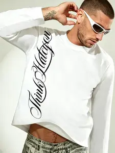 Unisex Retro Letter Print T-Shirt, Round Neck Long Sleeve, Casual Streetwear, Daily Wear, Loose-Fitting, Short Length
