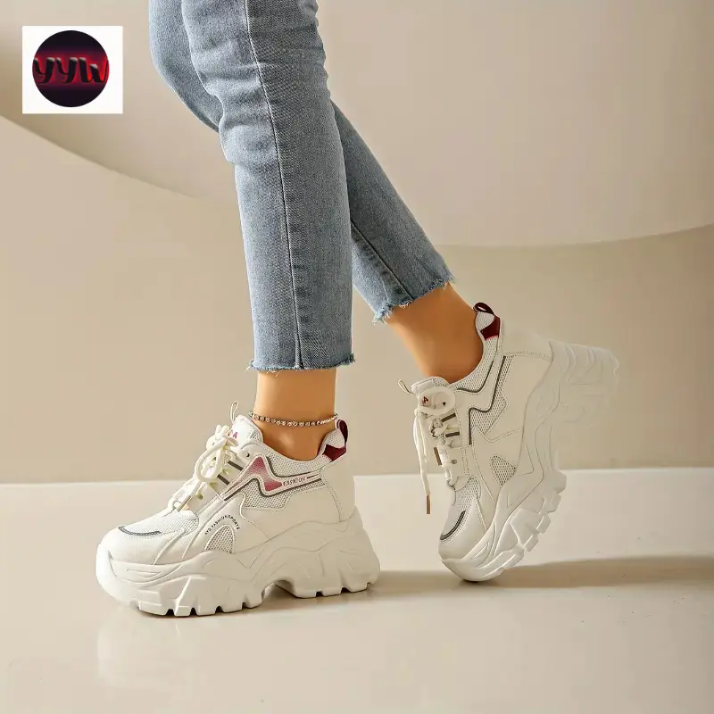 YYW1 [Trendy Heightening Sneakers] Stylish Heightening Wedge Sneakers - Women's Trendy Lace Up Platform Shoes - All-Match Walking Shoes