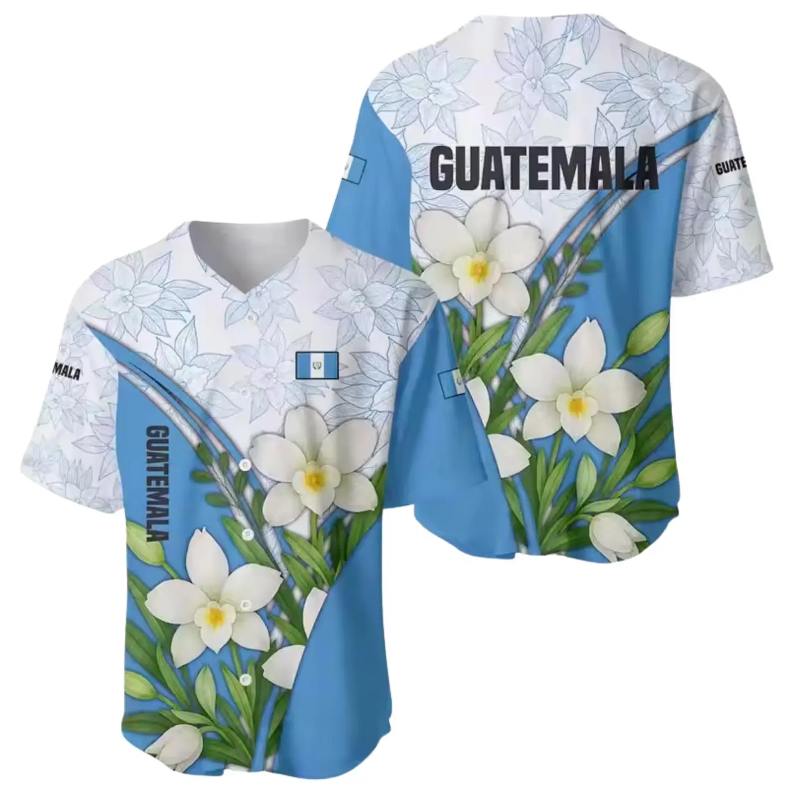 Unisex Guatemala Pearl-Weave Baseball Jersey Shirt - Tailored Cut, Breathable Fabric, Elasticity Balanced, White Orchid Blue Flag Floral Button-Up, Gentle Wash, Multi-Size Patriotic Gift for Sports Fans, Team Events