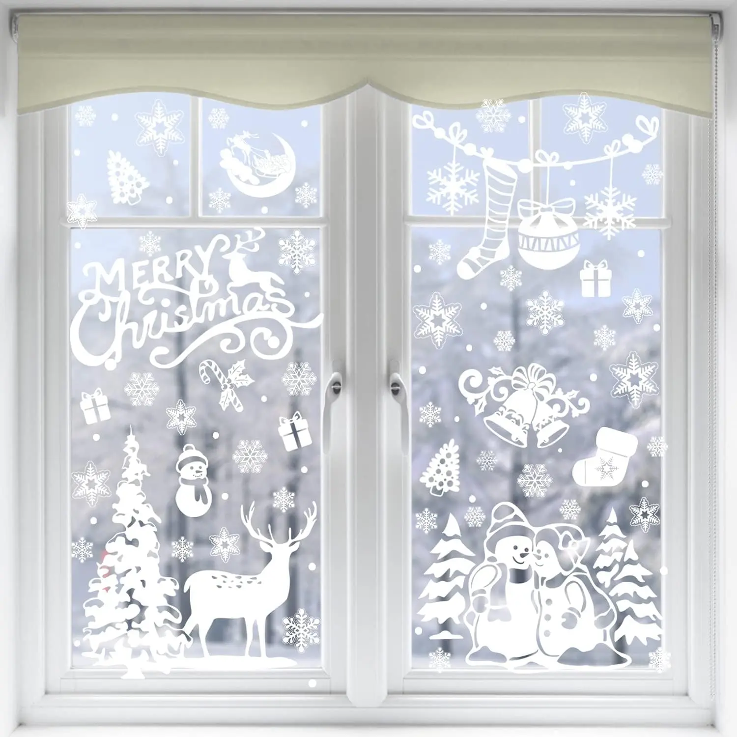 Xmas Window Clings Decoration, 141 Static Snow Flakes Stickers Merry Christmas Window  for Christmas Party Supplies (8 Sheets)