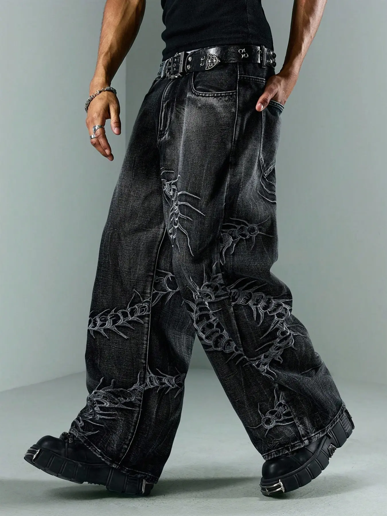 Men's Gothic Spider Embroidery Wide Leg Jeans, Distressed Subculture Streetwear, Loose Fit Button Fly Denim Jeans
