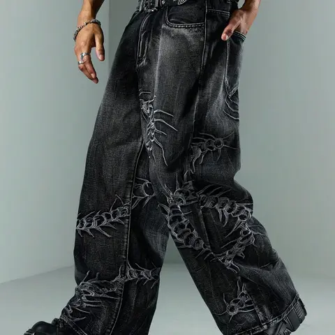 Men's Gothic Spider Embroidery Baggy Wide Leg Jeans, Distressed Subculture Streetwear, Loose Fit Button Fly Denim Jeans