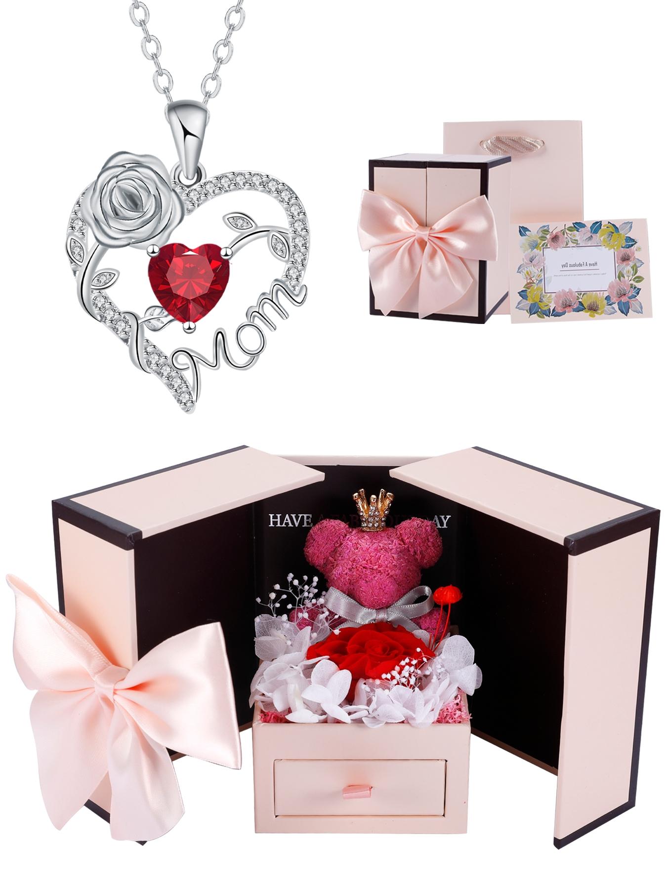 Rose Heart Mom Birthstone Necklace With Bear Rose Jewelry Gift Box, Exquisite Jewelry Gift, I Love You Mom Necklace, Mother's Day Christmas Gifts Jewelry for Grandmother Women Wife,Gifts For Women