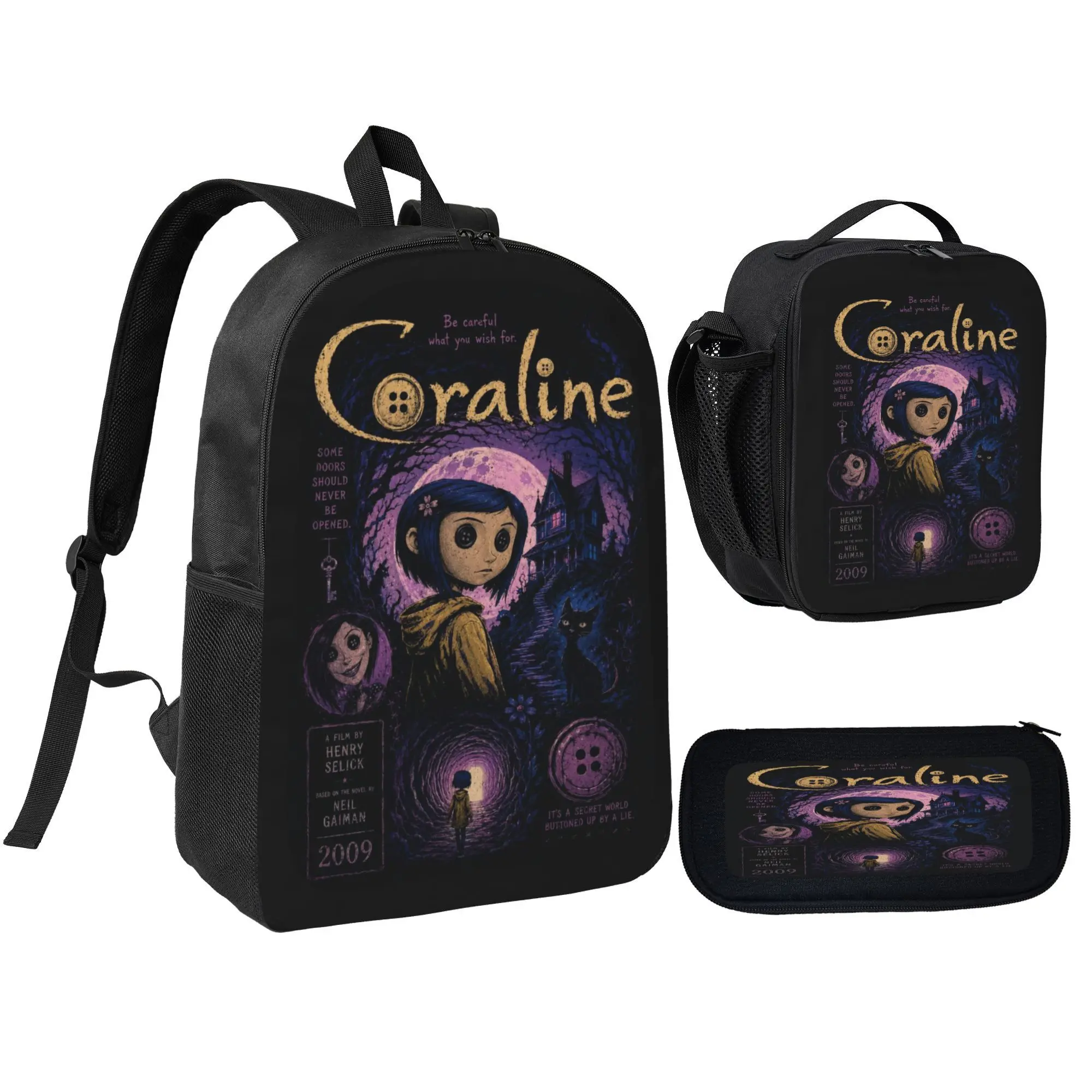 Coraline Backpack Set 3Pcs Kids School Bag Lunch Bag Pencil Case Pop Music Theme Bookbag Lightweight Travel Backpack Back To School Gift For Boys Girls Students