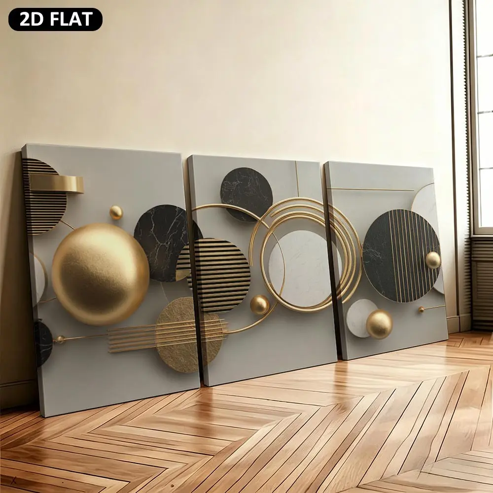2D plane, 2D plane 3-piece set 11.81* 15.74inch /30* 40cm Framed modern home decor canvas art print suitable for living room and bedroom, realistic and stylish wall art design poster - gold and black abstract geometric shapes, 2D plane