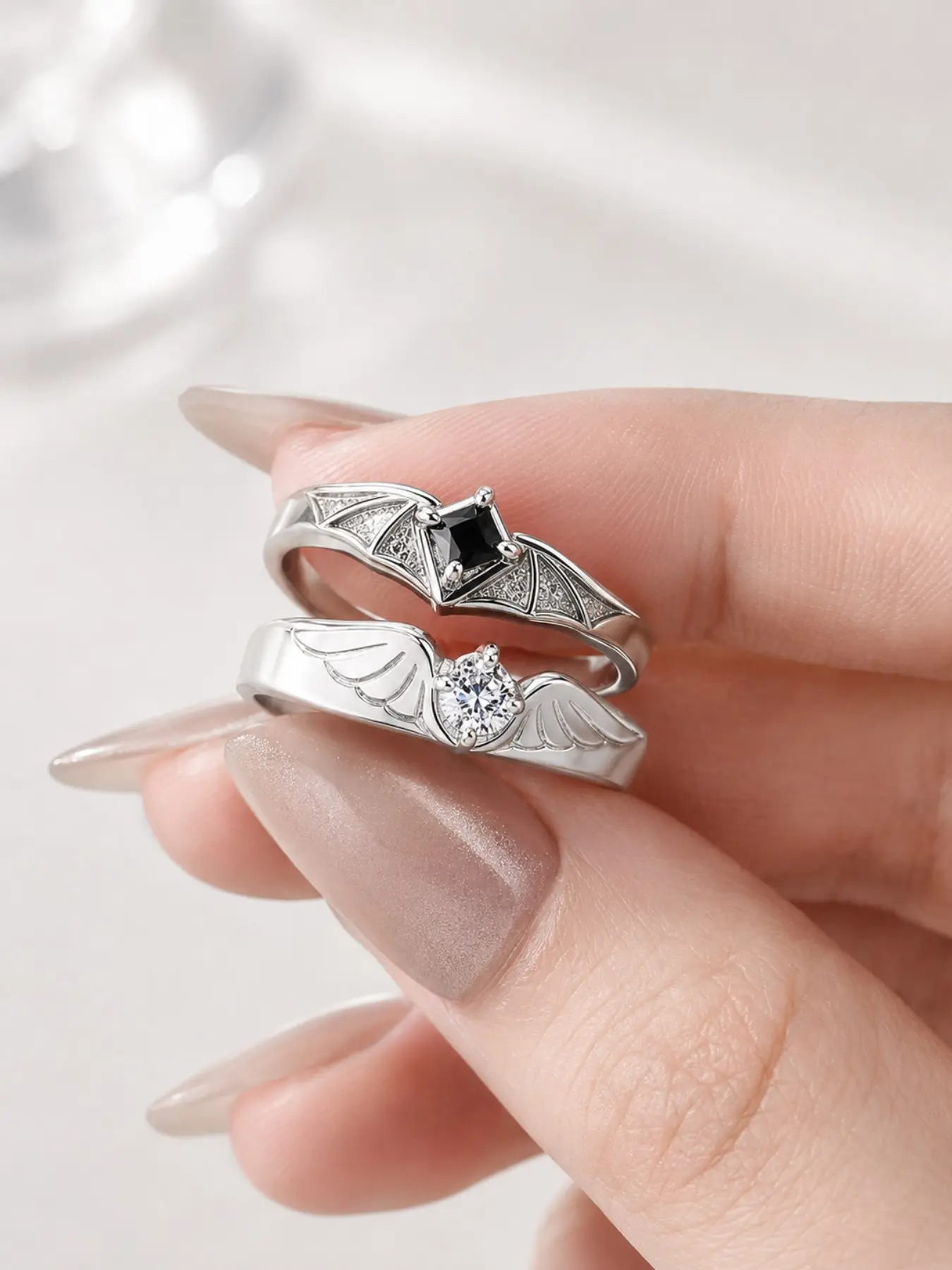 2pcs Silver Color Bat and Angel Wing Ring Set, and Clear Crystal Adjustable Rings, Gothic Jewelry for Women, Party & Gift