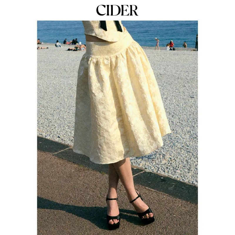 Cider Floral Jacquard High Rise Ruched Flared Midi Skirt