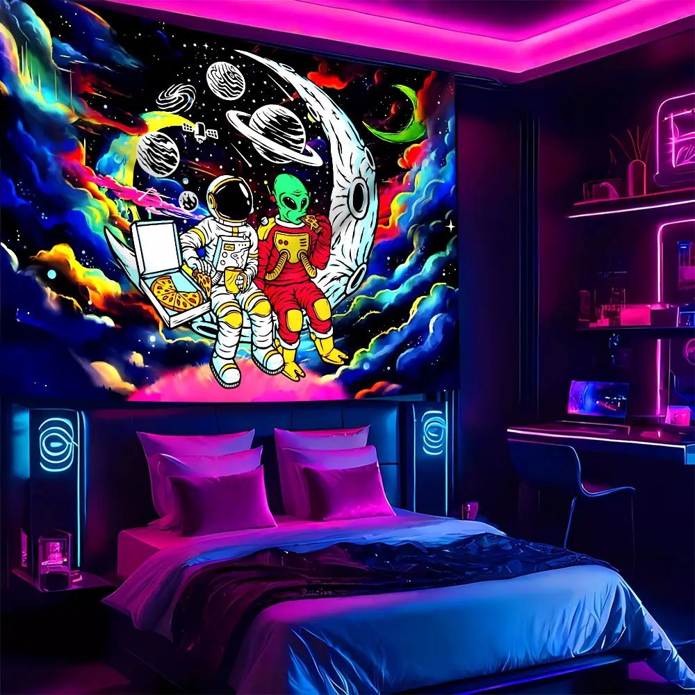 Trendy Astronaut Alien UV Reactive Fluorescent Tapestry, Glow-in-the-Dark Polyester Wall Decor for Bedroom, Party, Game Room, and Living Room, Multiple Sizes Polyester Fabric for Wall Decoration, Easy to Clean and Maintain. Soft and Durable Material