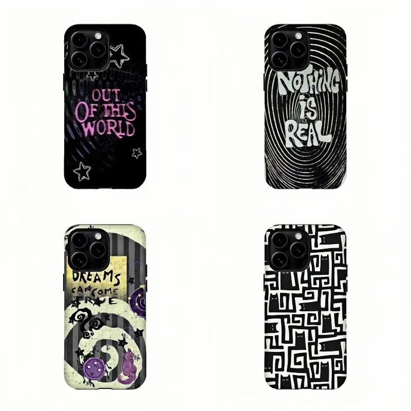 G-ru-nge Weirdcore Text Graphic Phone Case, Retro Dark Spiral & Star Pattern Protective Cover,for iPhone 17/16/15/14/13/12/11 ProMax Plus for Samsung phones,an excellent gift for friend or fans.