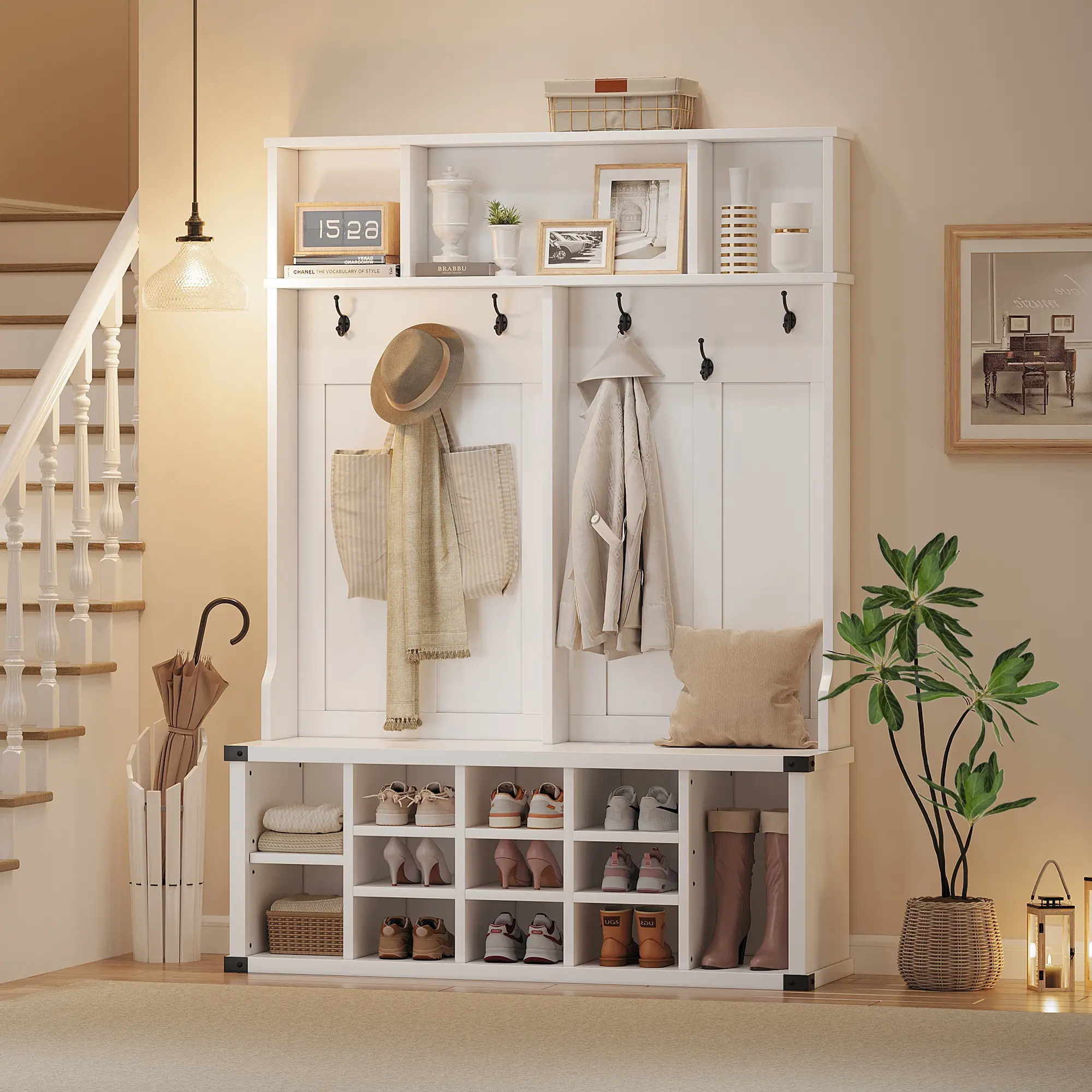 Extra Large Hall Tree with Bench & Shoe Storage, Shoe Storage & Coat Rack | Large 5-in-1 Mudroom Storage w/ 6 Tri-Hooks & Seating, 13 Cubbies & Adjustable Shelf, Metal Corner Protctor, White