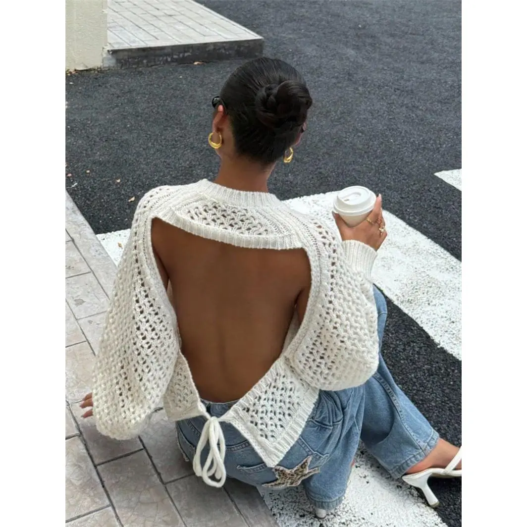 Women Long Sleeve Hollow Knit Top Backless Tie Cropped Sweater