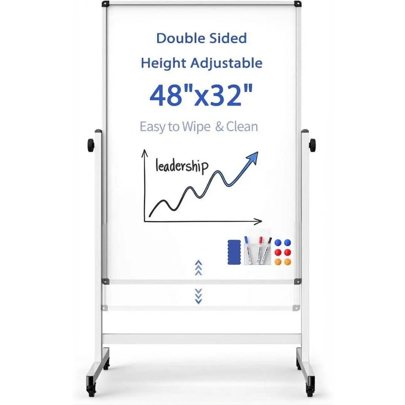 Double-Sided Rolling Whiteboard for Office, Training Room, Home – Magnetic Dry Erase Board on Wheels – Height Adjustable, Mobile Stand, Reversible Surface, Ideal for Presentations