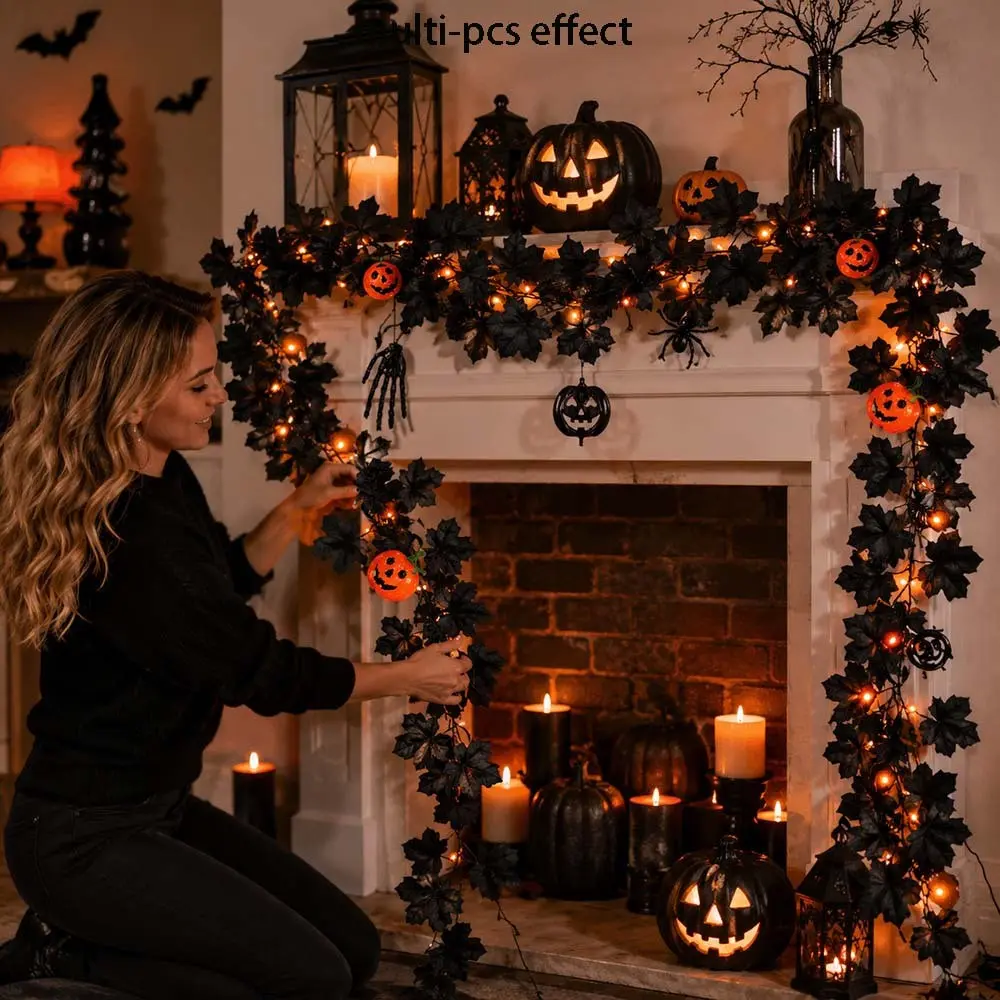 Halloween Maple Leaf Vine Set, 2 Pieces 78.7 Inches, Pumpkin Spider Decor, Perfect for Home, Party, Porch Decoration, Spooky Holiday Atmosphere