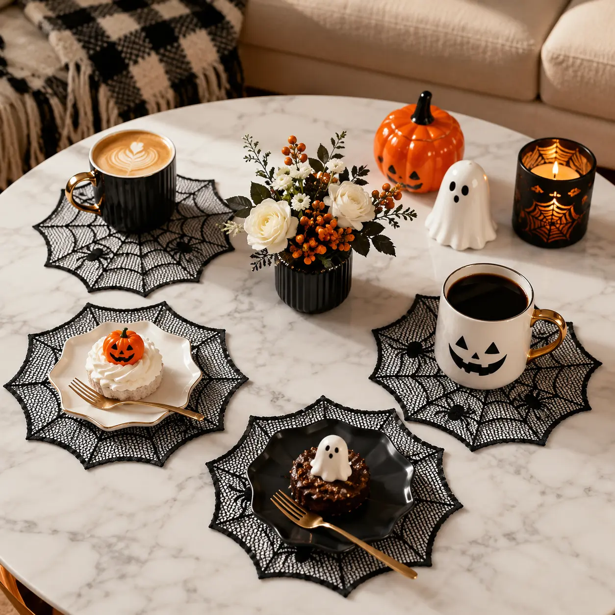 4/8Pcs Round Black Polyester Lace Placemats, Halloween Western Style Table Mats, Decorative Table Linens for Home Dining Table, Holiday Decor & Festival Gift