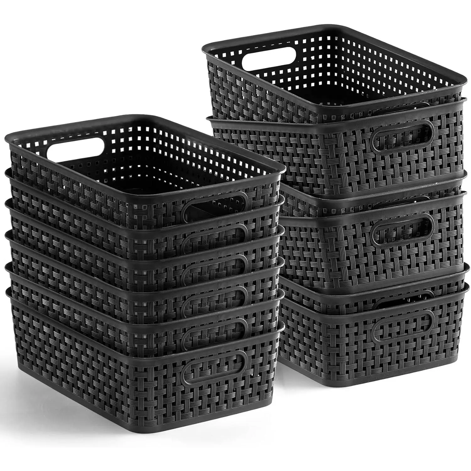 [12 Pack] Plastic Storage Baskets - Small Pantry Organization and Storage Bins, Household Organizers for Laundry Room, Bathroom, Kitchen, Cabinet, Countertop, Under Sink or Shelves, Black - Durable and Versatile Home Storage Solution