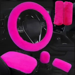 6pcs in 1 Set Soft Fluffy Car Steering Wheel Cover Faux Wool Auto Center Armrest Cove & Gear Shift Cover & Handbrake Cover & 2pcs Seat Belt Shoulder Pads Warm Winter Universal  15 Inch