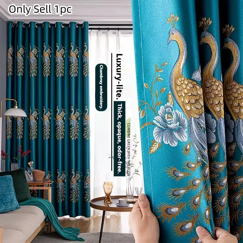 1pc European Vintage Peacock Embroidered Blackout Curtain, Light Luxury High-End Bedroom Living Room Dining Room Blackout Curtain, Peacock Pattern Curtains