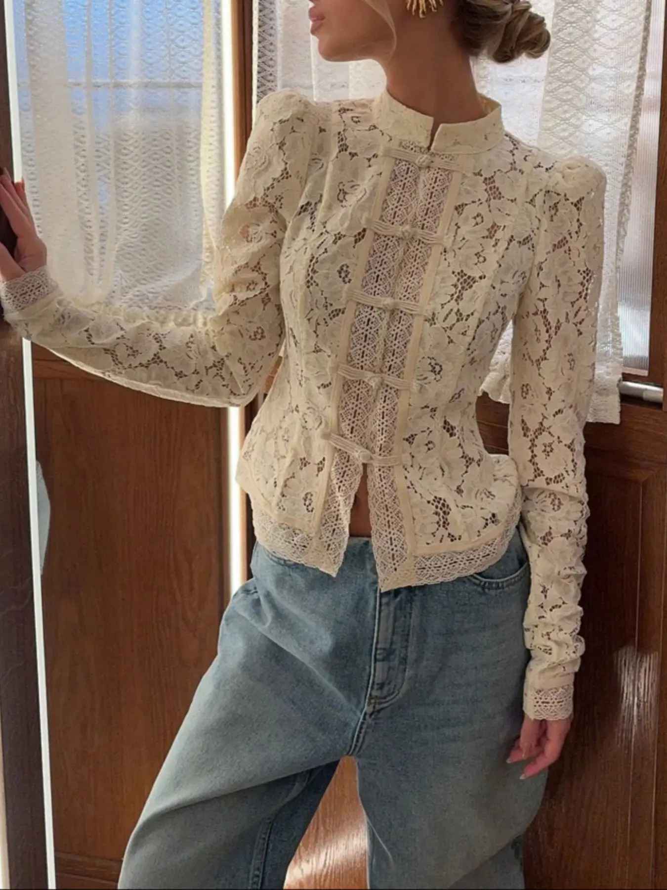 Elegant Hollow Out Lace Top, Waist Cinch Design, Soft Stand Collar, Puff Sleeves, Button Front, Romantic Style Chinese Style Blouse Shirts for Women