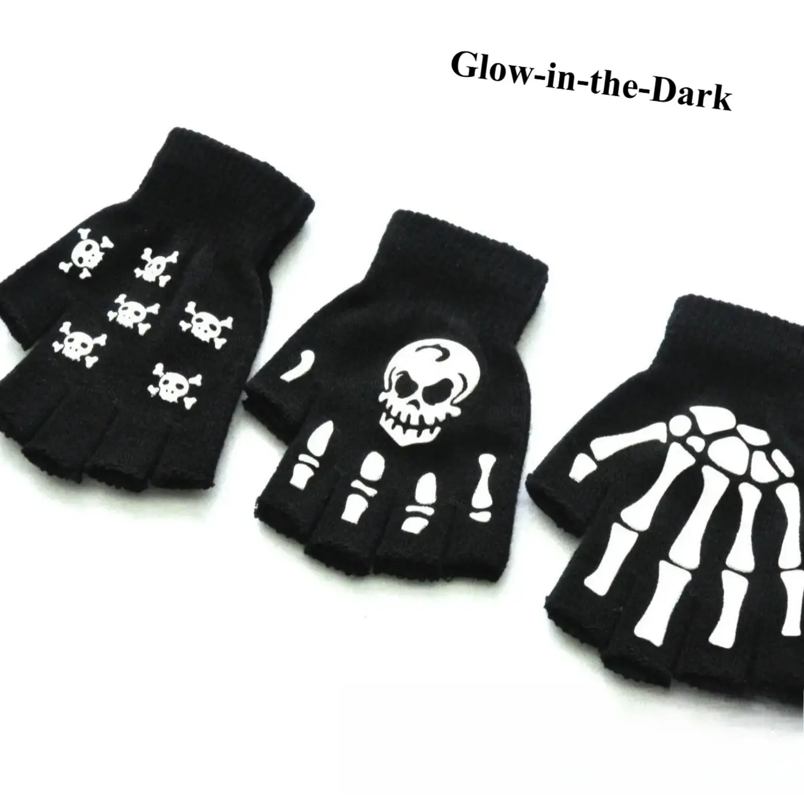 Glow in the Dark Skull Fingerless Knit Gloves, Halloween Skeleton Print Half Finger Warm Gloves, Non-Slip Grip Hand Accessories for Cycling, Riding and Outdoor Daily Activities sohochic