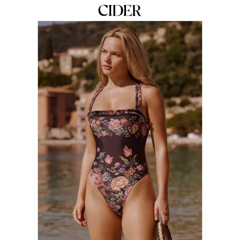 Cider Square Neck Floral Ruffle Trim One Piece Swimsuit
