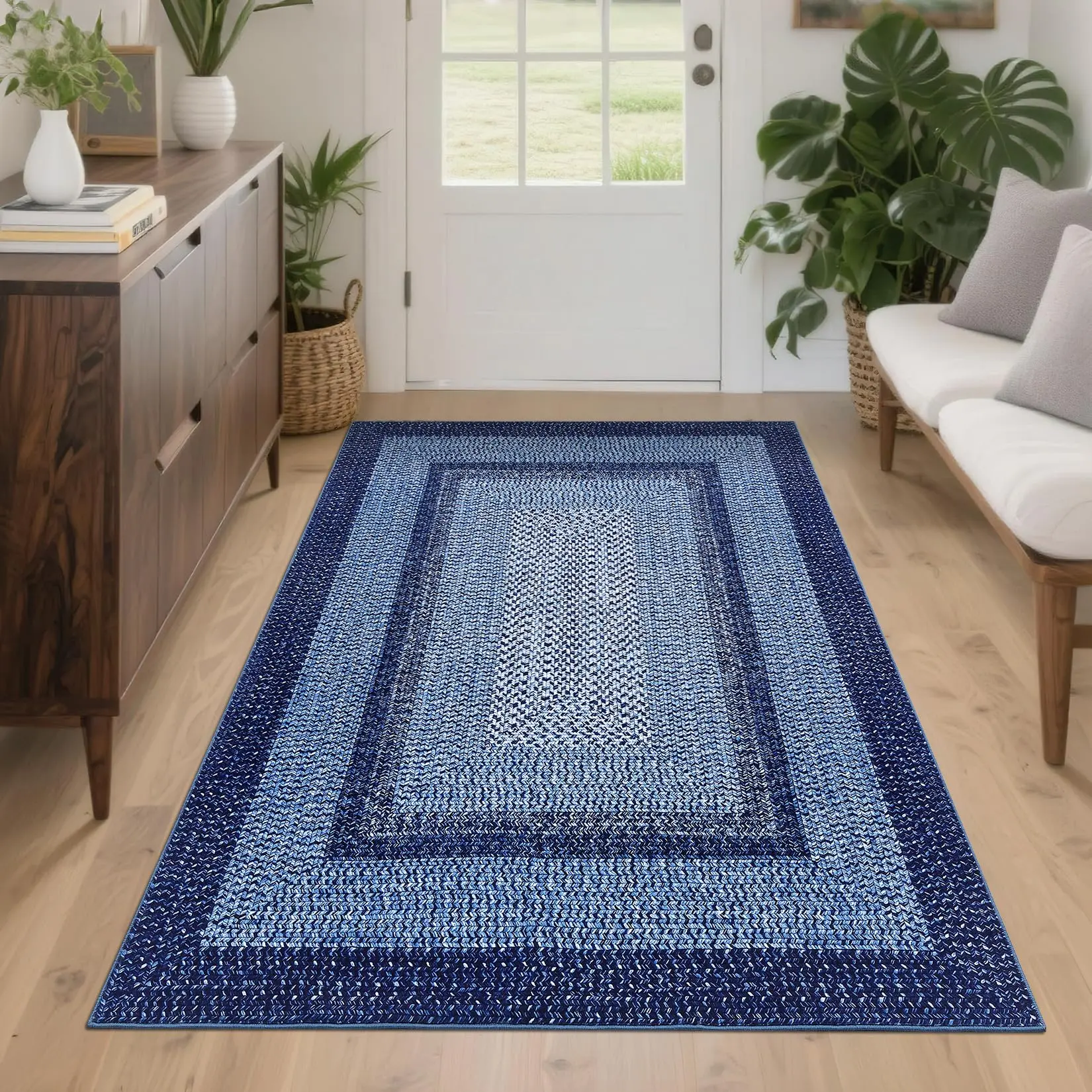 4x6 Washable Woven Area Rug, Navy Geometric Pearl Velvet Carpet with TPR Non Slip Backing, Foldable Rug for Entryway Bedroom Office