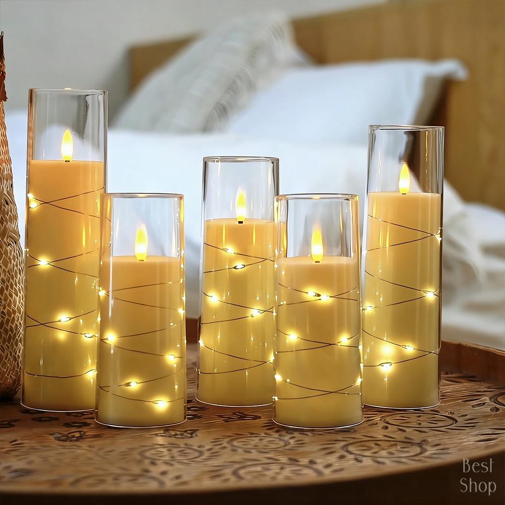 5pcs Flameless LED Candles with Embedded Star String, Battery Operated Acrylic Pillar Candles with Timer and Remote, Flickering Candles for Romantic Ambiance and Home Decoration Mood Decorative,Valentine's Day, Mother's Day