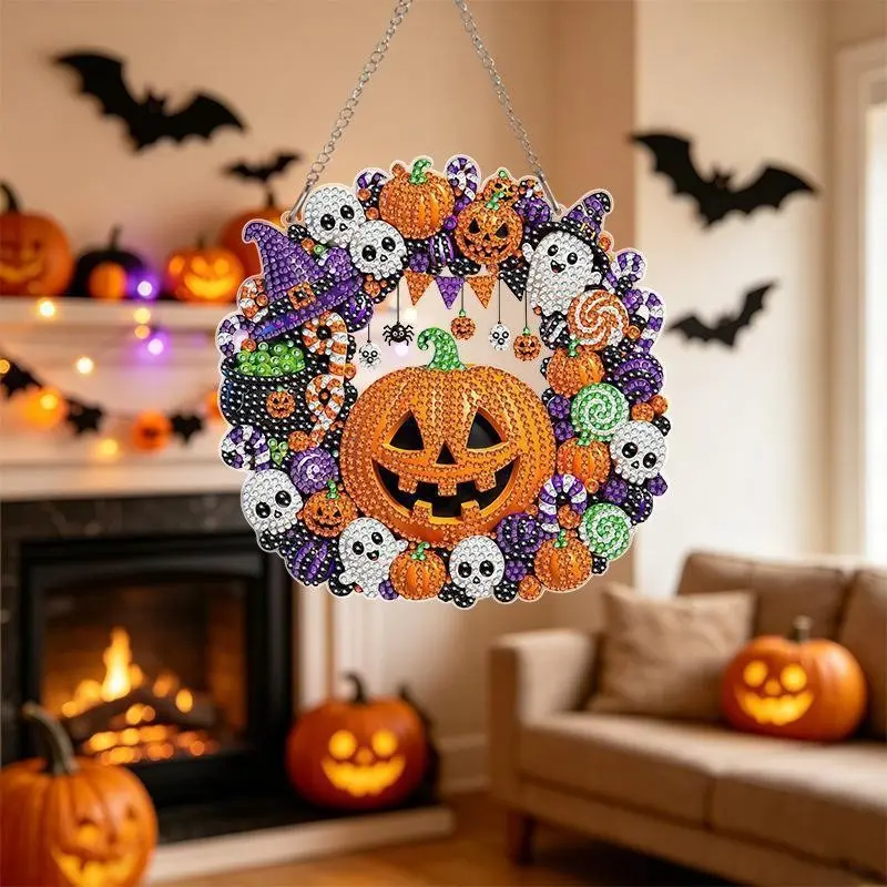 Halloween Pumpkin Ghost Diamond Painting Pendant, Handmade DIY Art Kit, Creative Craft Supplies, Perfect for Halloween Decorations