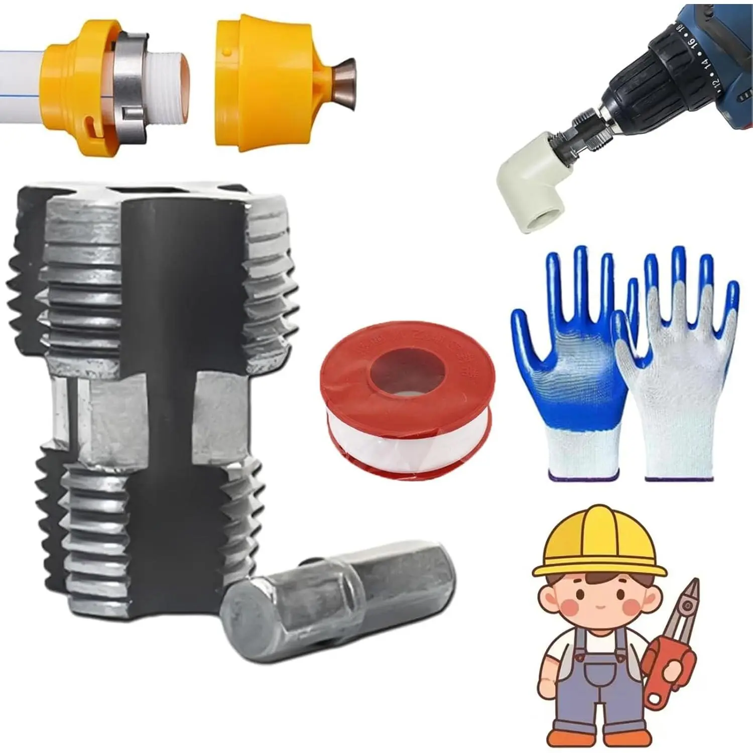 PVC Pipe Threader Complete Set - Electric Drill Compatible Thread Maker Tool, 3-Size Dies (1/2, 3/4, 1 in), Protective Gloves, for Water Pipes, DIY Plumbing Needs, Ideal for DIY Enthusiasts, Three Sizes