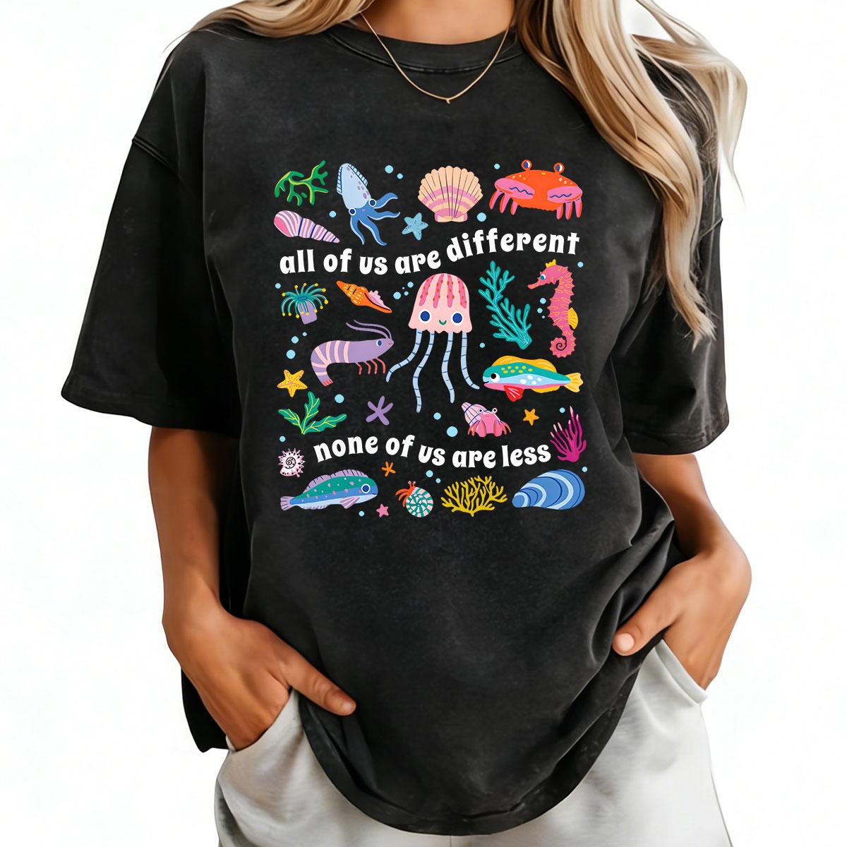 Inclusion Autism T-Shirt All of Us Are Different Neurodivergent Shirt Ocean Lover Special Education Teacher Tee Made In USA For Women For Men [ZinniaZip cotton t-shirt/sweatshirt/hoodie, soft and comfortable]