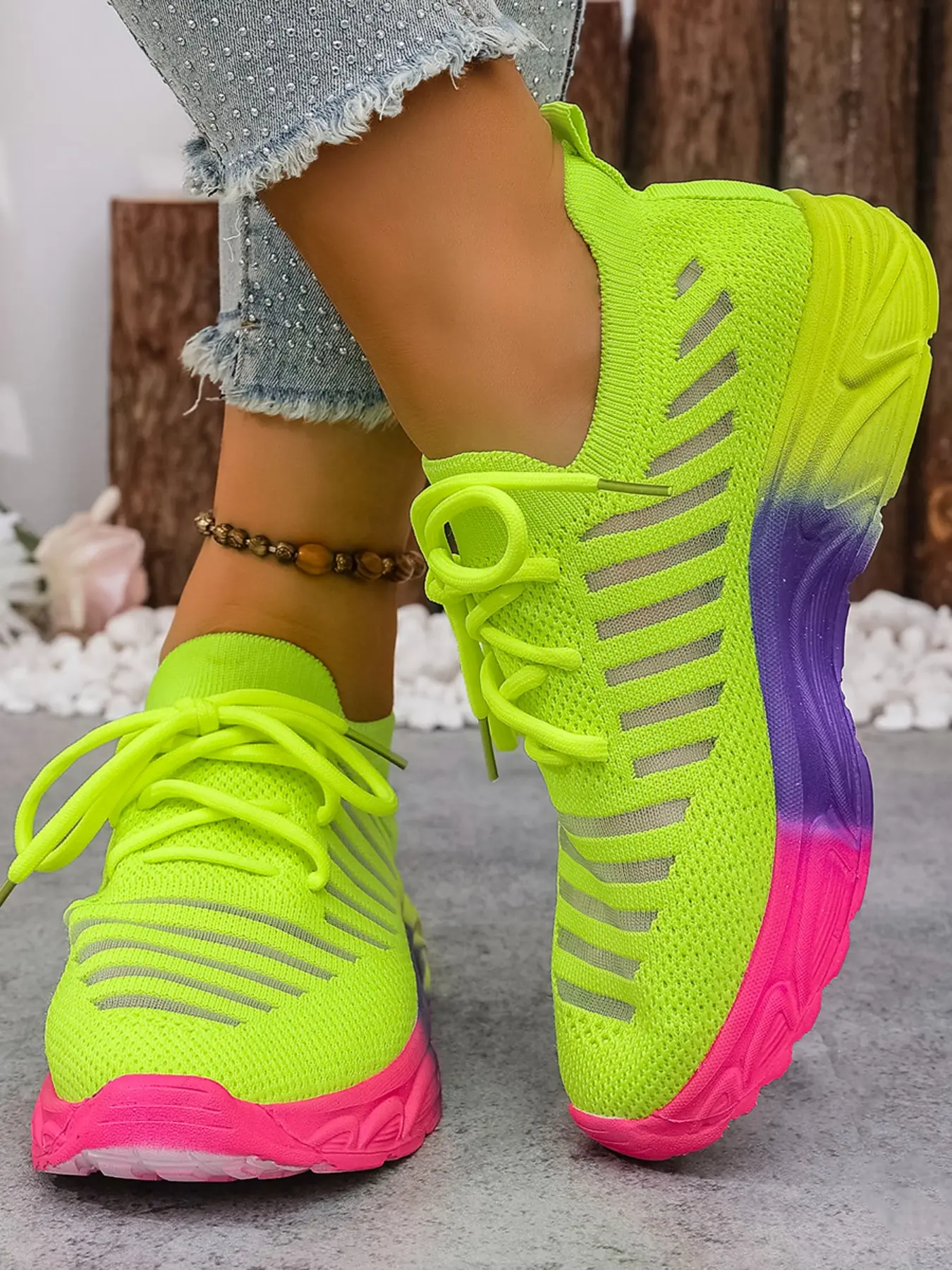 Dopamine Gradient Flyknit Sneakers, Hollow Out Breathable Thick Sole Knitted Running Shoes, Spring Summer Outdoor Fitness Women's Casual Shoes, Bright Colors