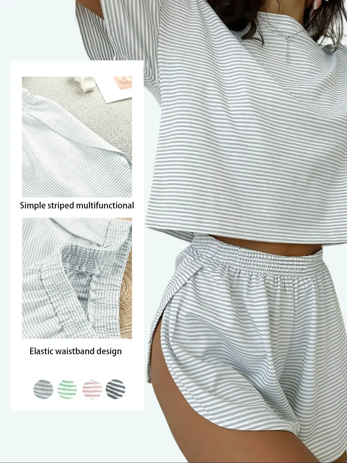 2-Piece Set Striped Casual Loose Knit Round Neck Long Sleeve Top & Side Split Shorts, Halloween Cartoon Design, All Seasons Wear, Womenswear, Outfit, co-ord sets for women, loungewear set, Pj sets for women