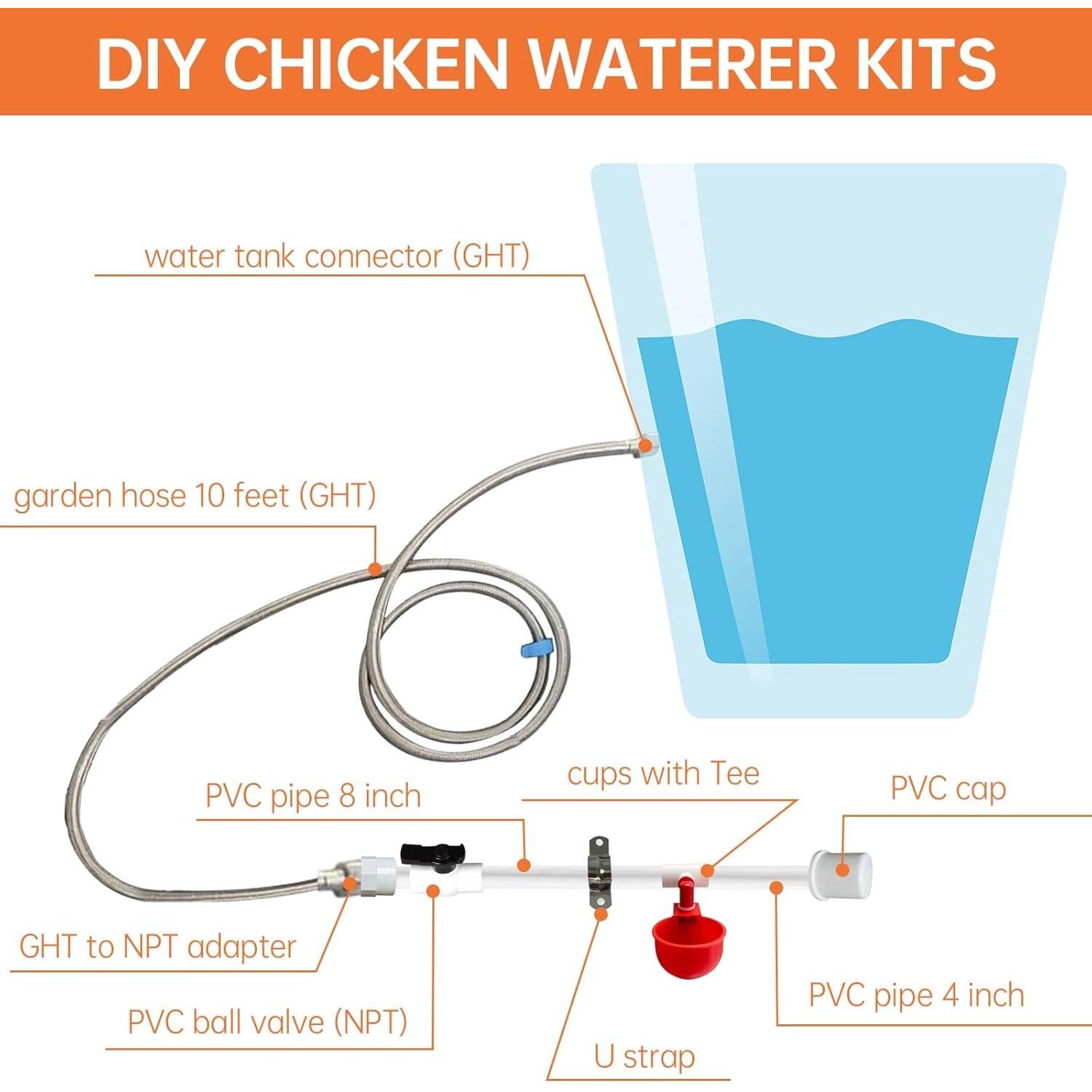 Complete Set Pipeline Automatic Chicken Watering System, DIY Chicken Waterer System with PVC Pipe, Stainless Steel Hose, Chicken Water Cup and Float Valve, Easy to Install(No Bucket Included)