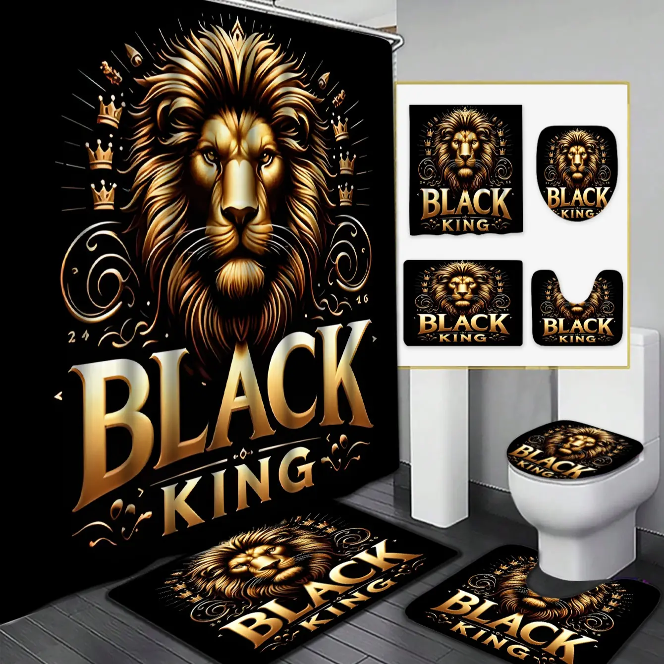 4pcs Lion Pattern Bathroom Curtain Set, Includes Toilet Lid, Bath Mat, Shower Curtain, 12 Plastic Hooks, Modern Home Decor Accessories