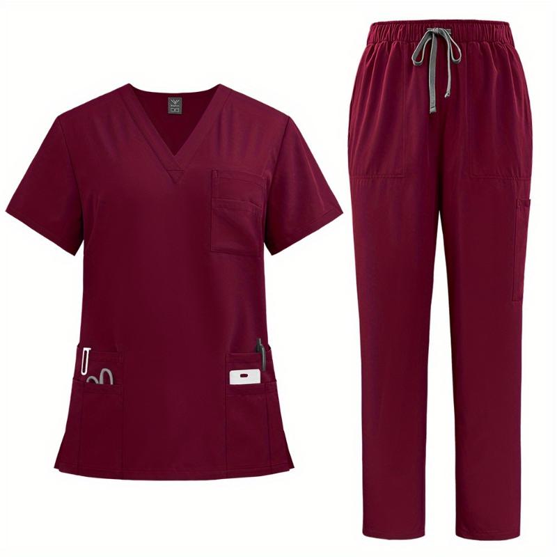 New2025Women's Professional Scrubs Suit - Comfortable Fit, V-neck Top With Pockets And Straight-leg Pants Doctors And Nurses