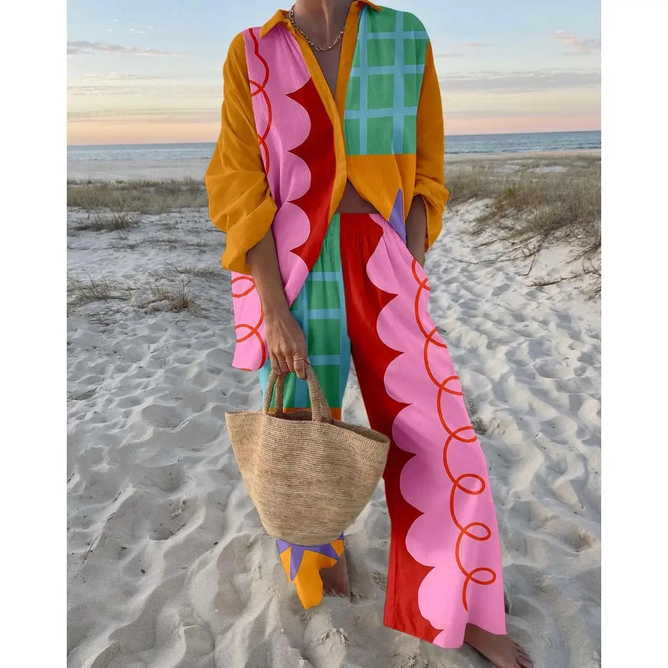 Women’s Casual 2 Piece Outfits Long Sleeve Fish Print Button Down Shirt + Wide Leg Pants Set Beachwear