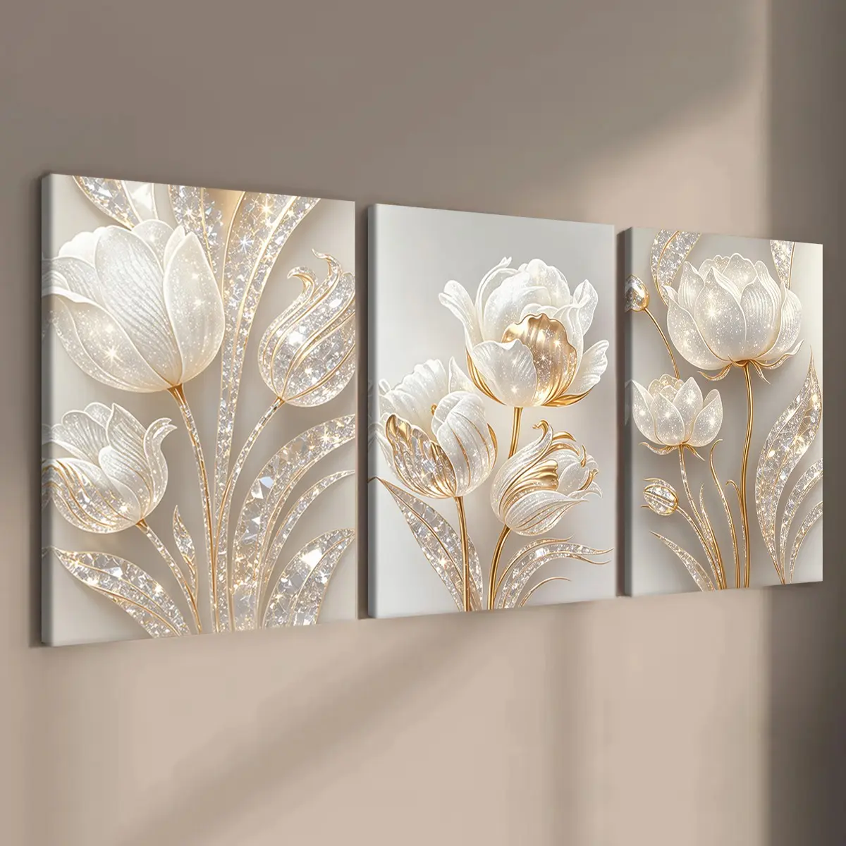 3-count wooden frame canvas, glittering diamond gilded tulip three-dimensional flower poster, modern art Creative Design Print living room decoration, Home Wall Art, poster, suitable for bedroom art, waterproof, gift