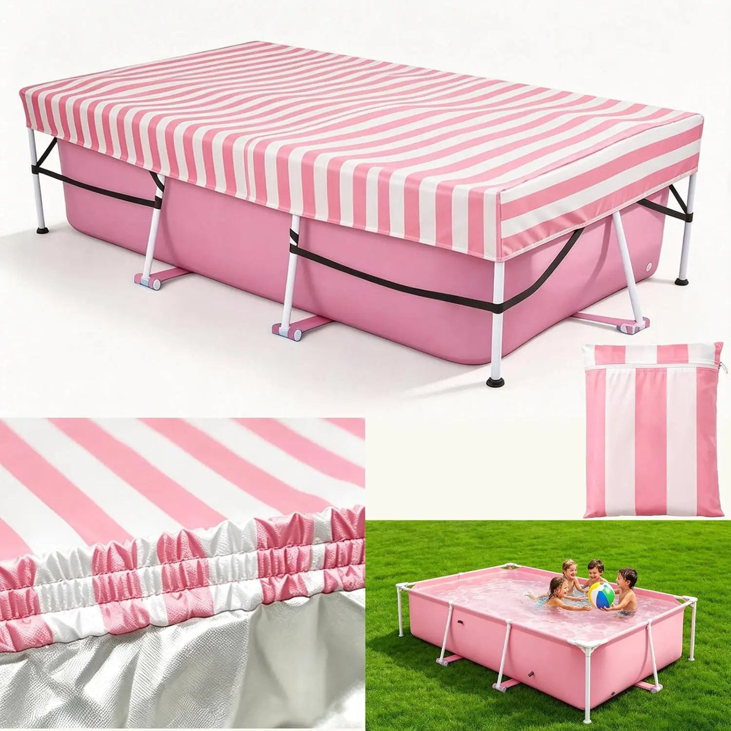 Rectangular Pool Cover 87in x 59in, 7 x 4ft Rectangular Pool Cover Made of Heavy-Duty Waterproof Oxford Fabric for Rectangular Above Ground Pool Built-in Elastic & Strong Webbing Easy Set, Pink White
