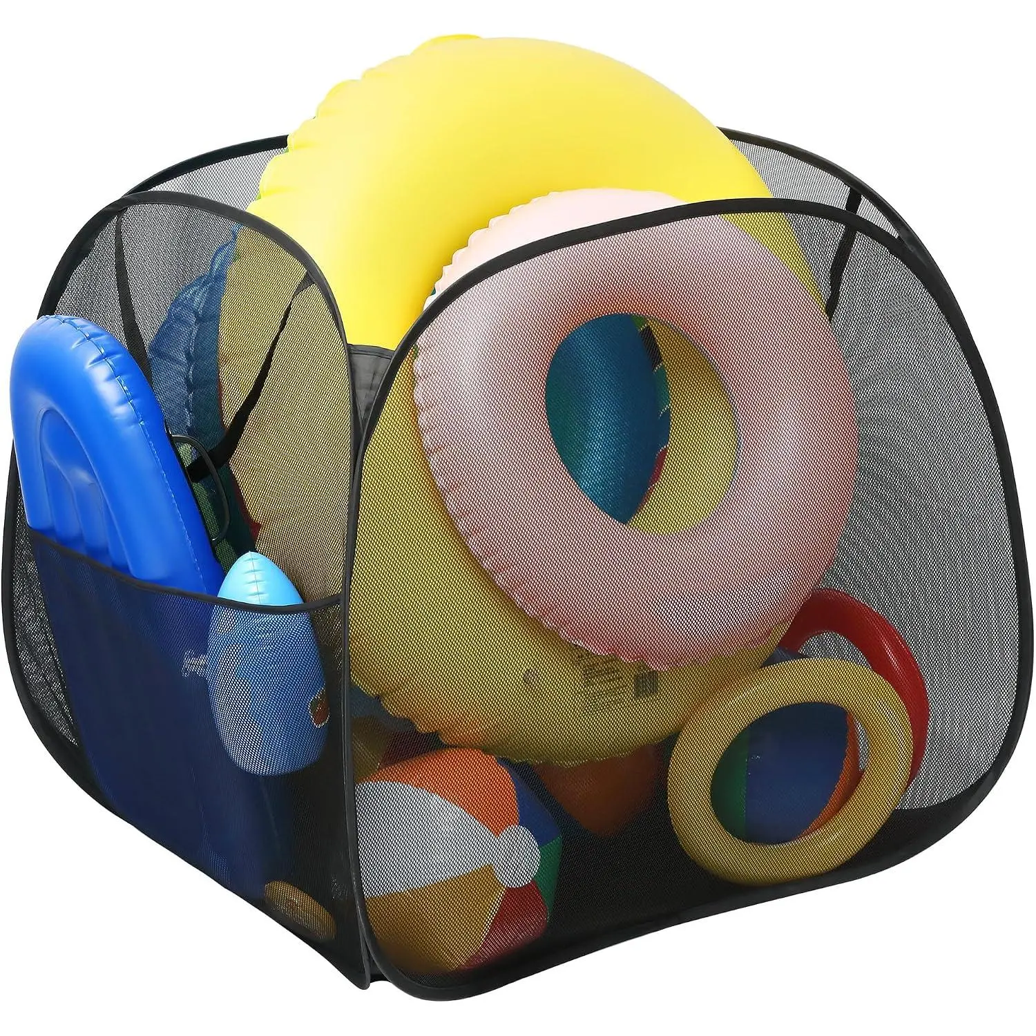 Pool Toy Storage Bin-30'' x 30'' x 30'' Nylon Mesh Pool Organizer with Side Pocket-105 Gallon Quick Drying Pool Storage for Float, Beach Balls,Towel and Other Swimming Accessories
