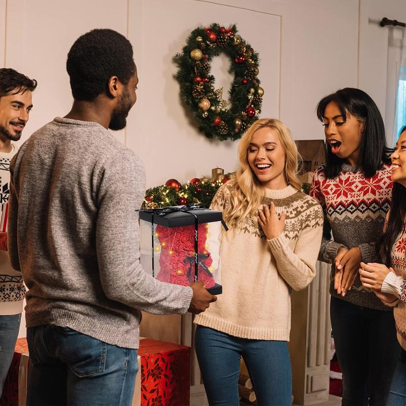 Rose Bear Christmas Flower Gifts for Her, Rose Teddy Bear with Lights, Cute Teddy Flower Bear, Birthday Gifts for Girl, Cute Romantic Gifts for Wife Girlfriend with Transparent  Box and Love Card