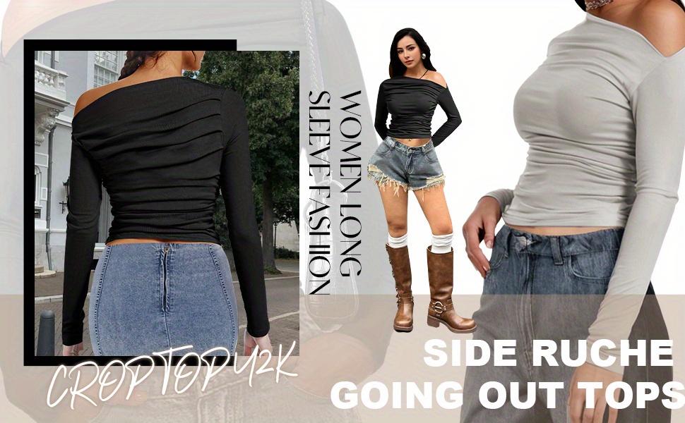 Women's off-the-shoulder top, long-sleeved short casual one-shoulder shirt for going out, one-shoulder Y2K tight shirt