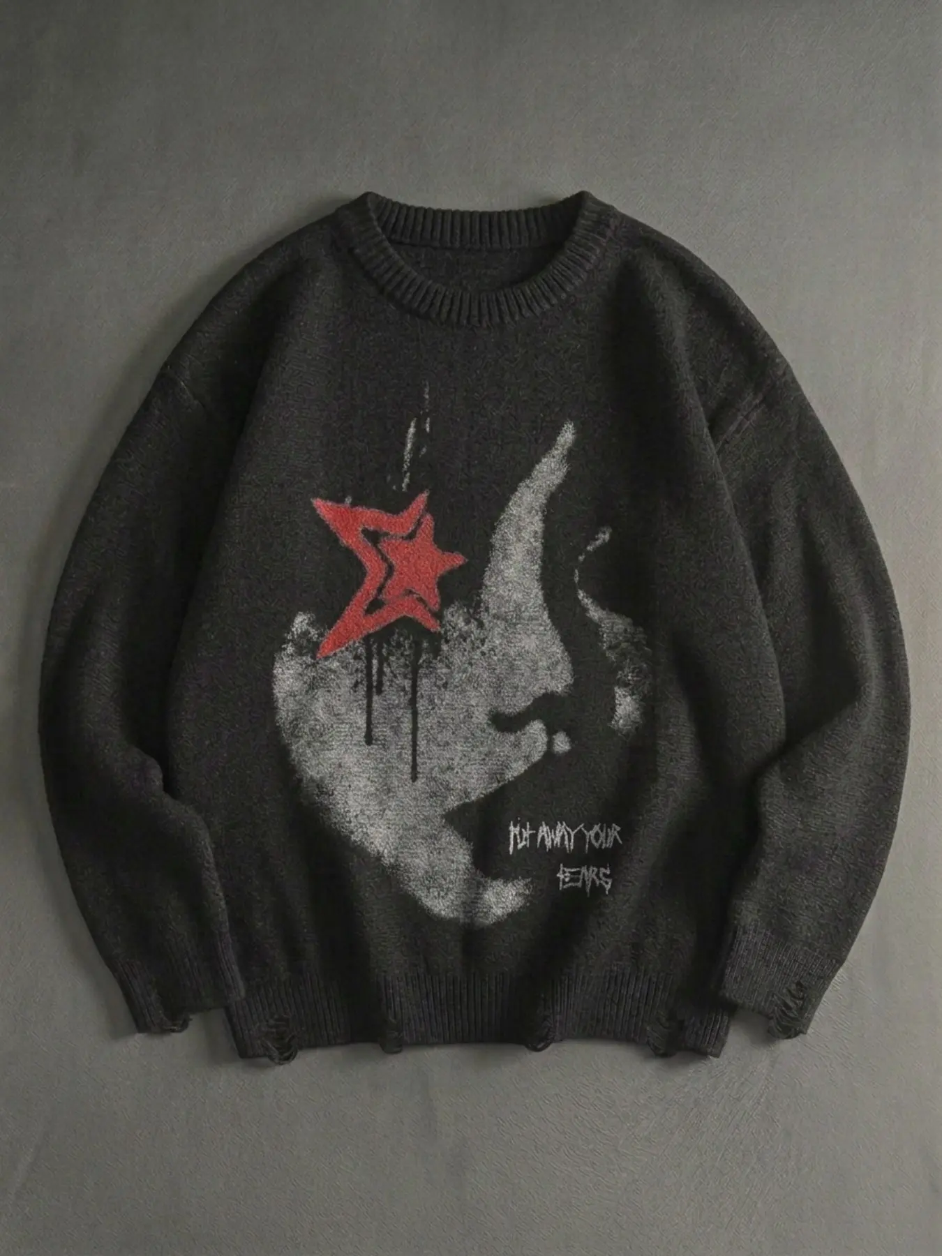 American Punk Vintage Knit Sweater, Base Portrait Graffiti, Star Ink Pattern, Handwritten English, Loose Fit Streetwear, Distressed