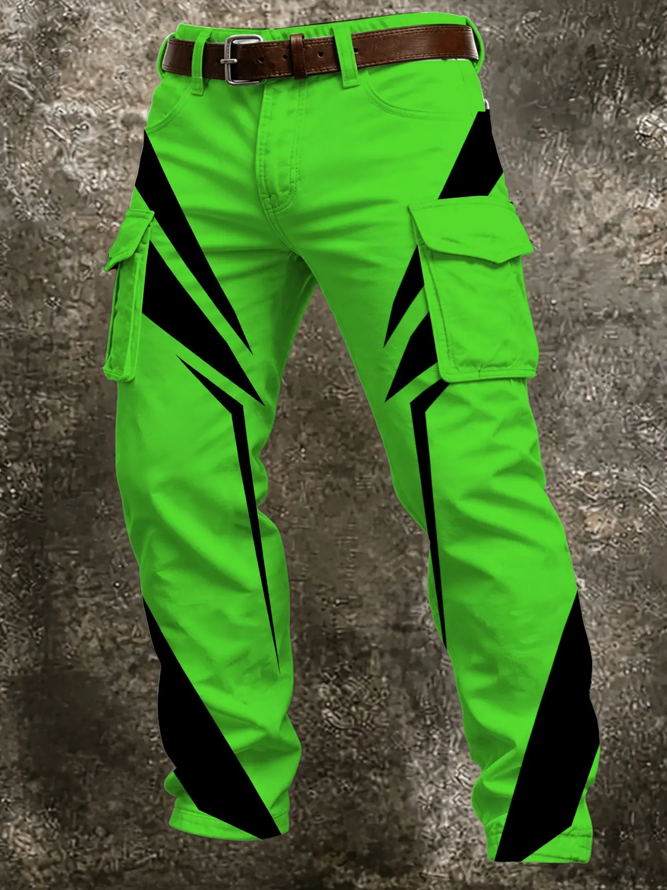 Men's Fluorescent Triangle Patchwork Multi-Pocket Work Pants, Casual Cargo Pants, High Street Functional Bright Men's Wear, Durable Trendy Workwear