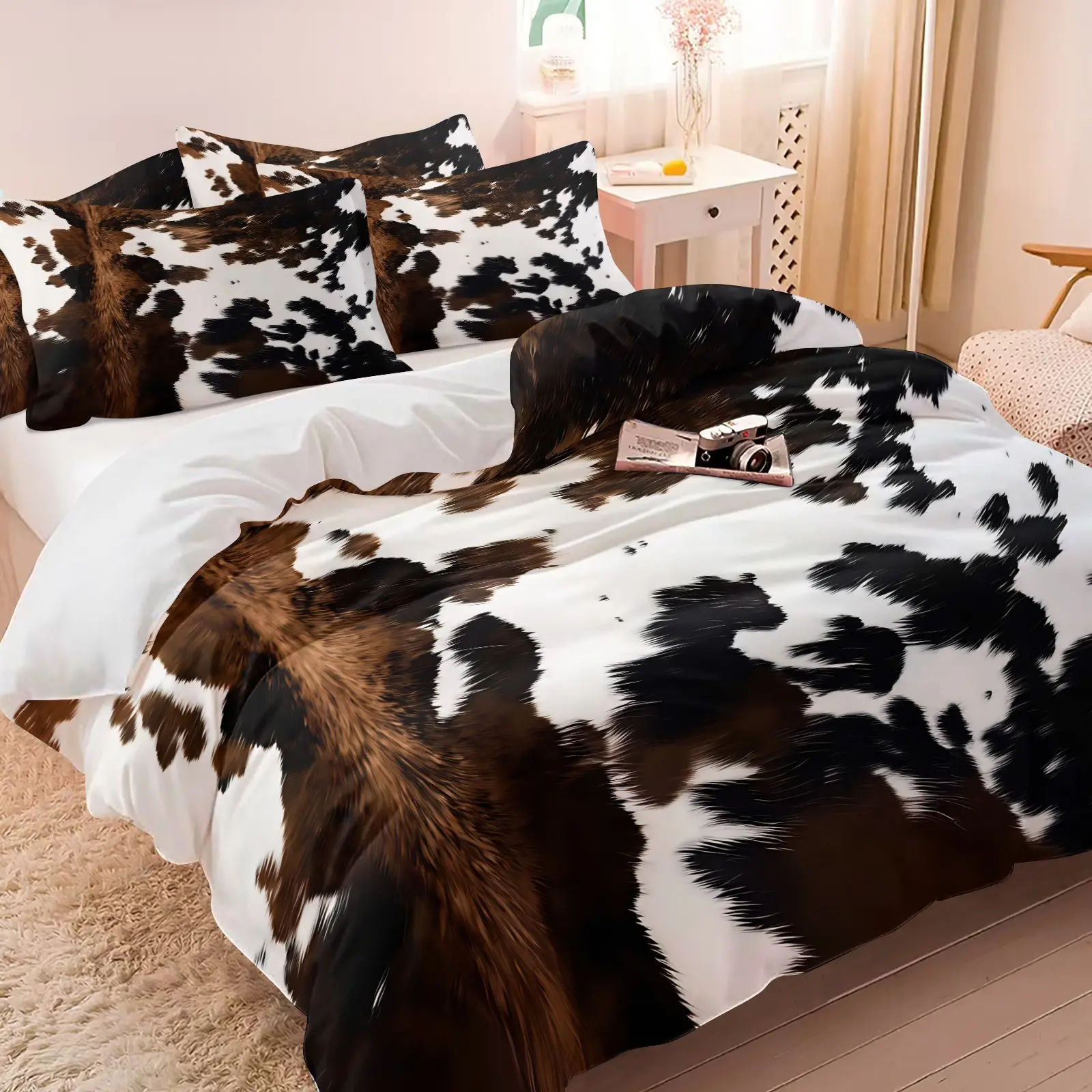3PCS Realistic Cowhide Print Duvet Cover Set (1 Duvet Cover + 1-2 Pillowcases), Brown White Black Cow Fur Texture HD Digital Print, Soft Cozy Skin-Friendly All Seasons Bedding, Perfect for Western Country Farm Bedroom Decor