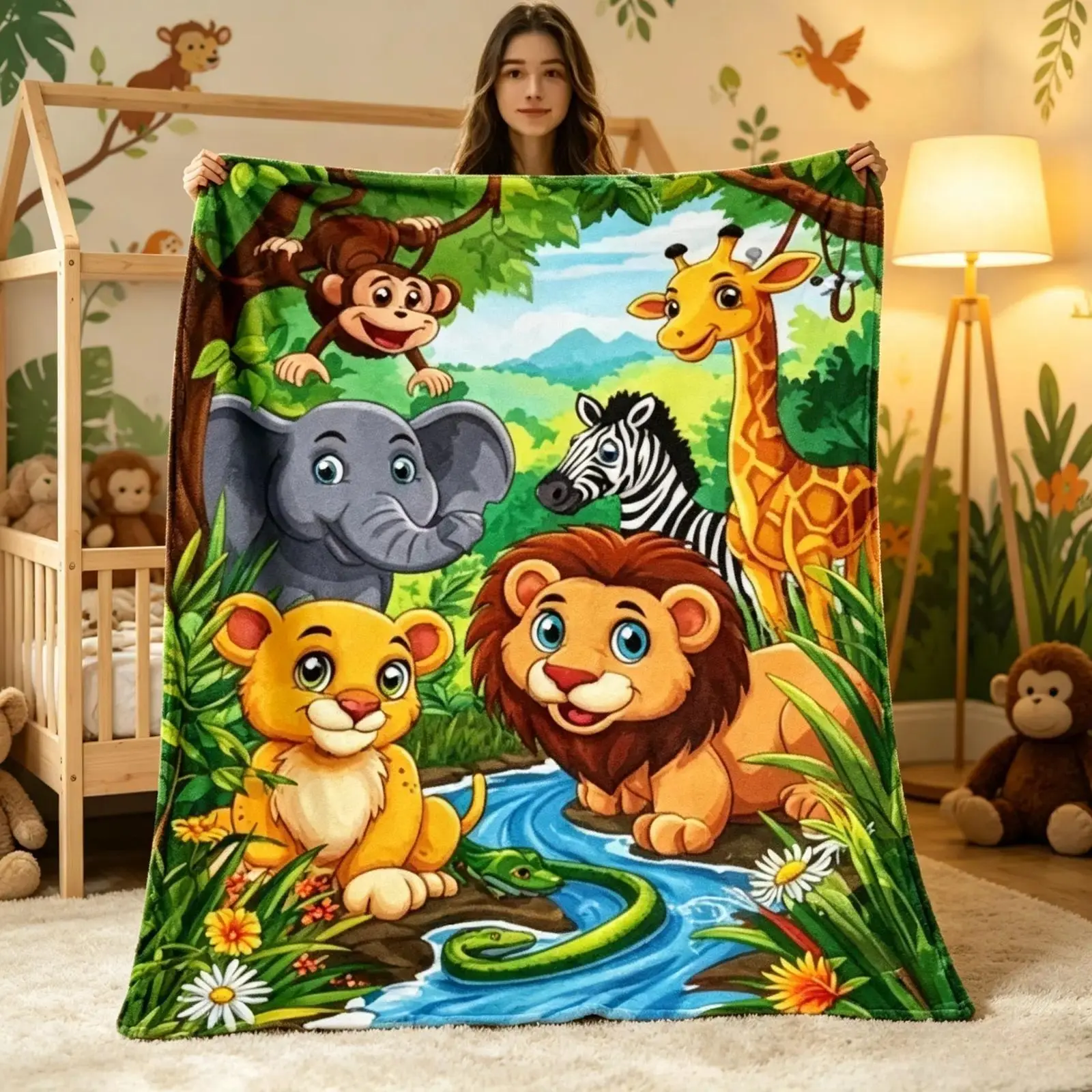 Polyester Flannel Jungle Safari Animal Print Cooling Throw Blanket - Breathable Softness, Cute Lion Giraffe Elephant Monkey Graphic, Home Room Decor for Baby Kids, All-Season Gift for Animal Lovers