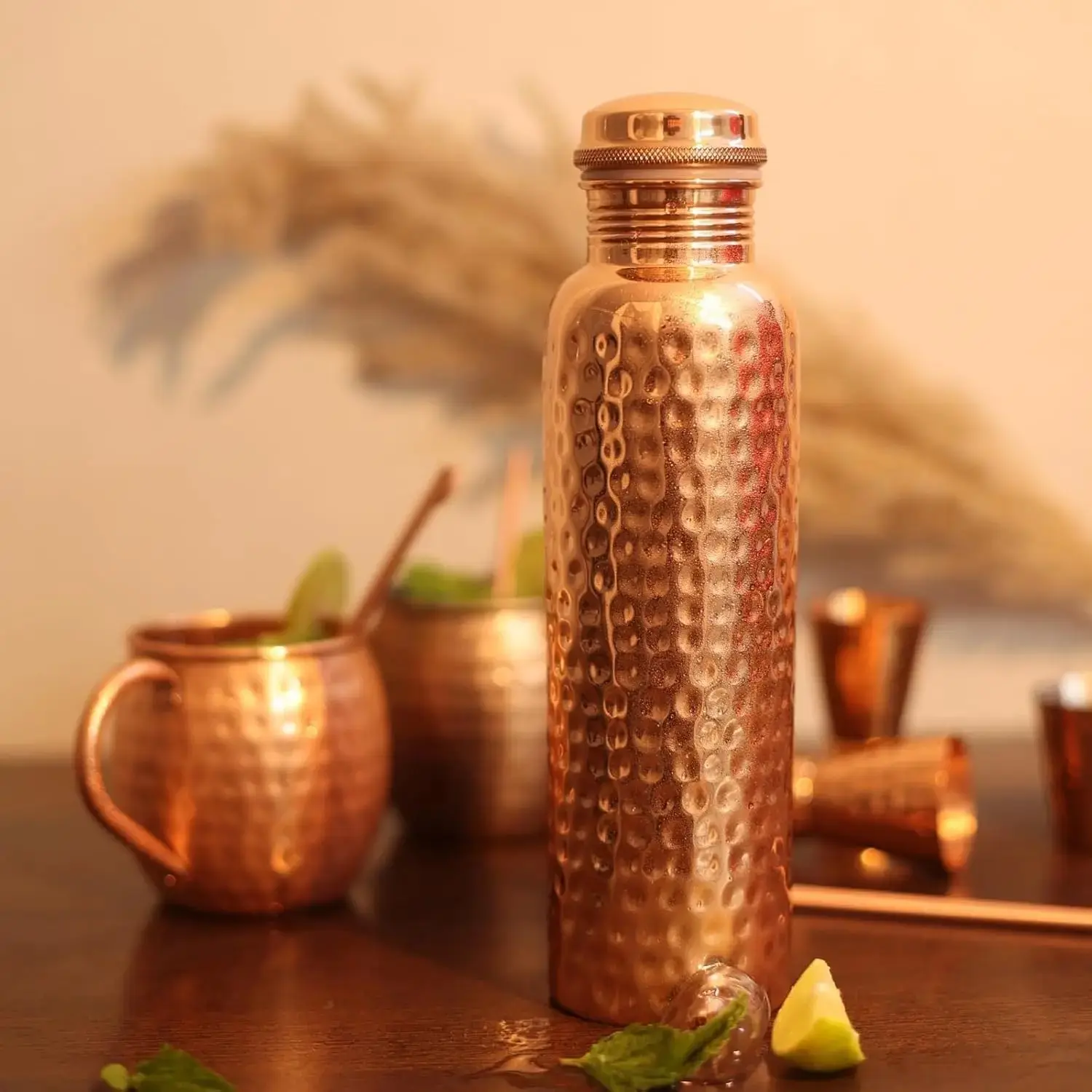 32oz Pure Copper Hammered Water Bottle for Drinking - Ayurvedic Health Benefits - Handcrafted Copper Water Vessel - Leak-Proof Design, Rust-Free - Bonus Canvas Carry Bag